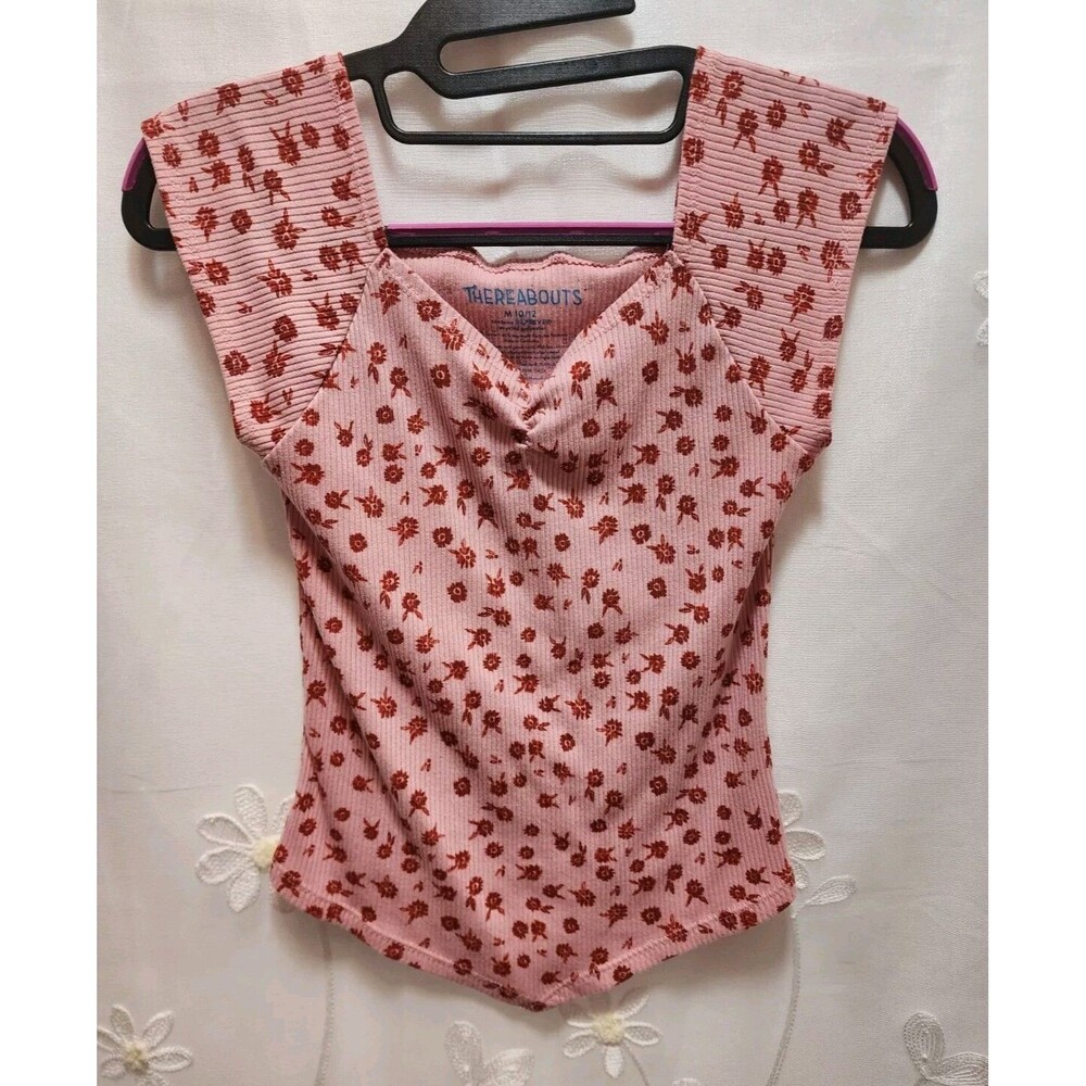THEREABOUTS GIRLS MEDIUM 10/12 PINK RED SHIRT V-NECK FLORAL RIBBED SQUARE SUMMER